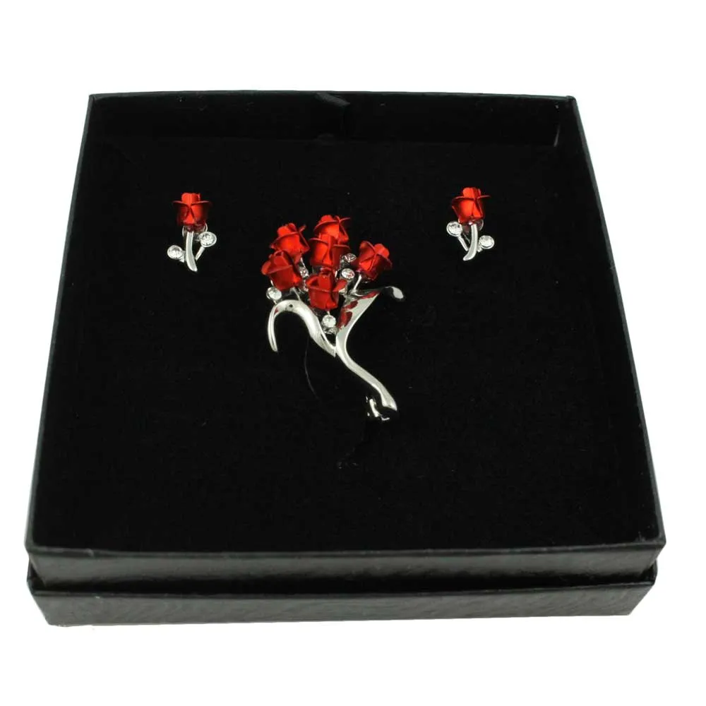 Bouquet of Red Roses Brooch Pin and Rose Earring Set - PRL105SBS