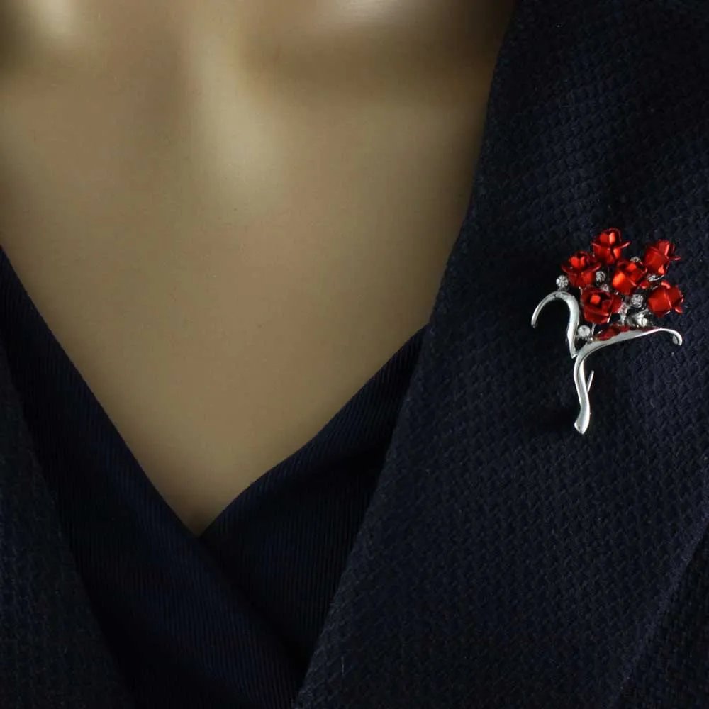 Bouquet of Red Roses Brooch Pin and Rose Earring Set - PRL105SBS
