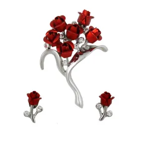 Bouquet of Red Roses Brooch Pin and Rose Earring Set - PRL105SBS