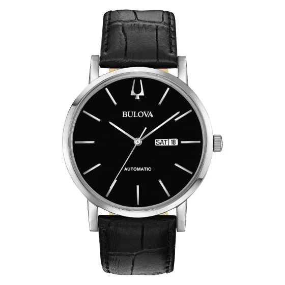 Bulova American Clipper Mens Automatic Stainless Steel Black Dial Black Leather Strap Watch