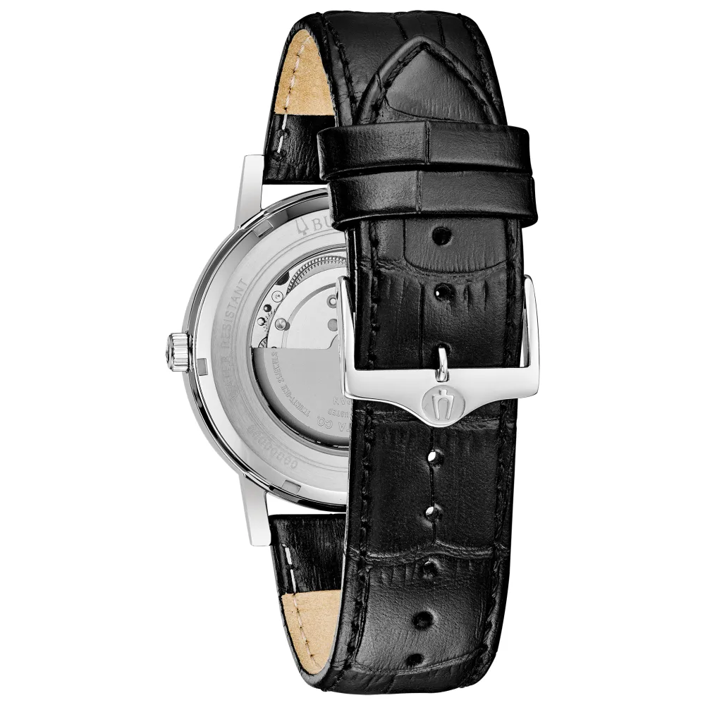 Bulova American Clipper Mens Automatic Stainless Steel Black Dial Black Leather Strap Watch