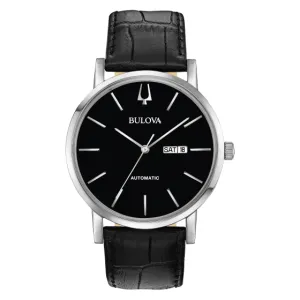 Bulova American Clipper Mens Automatic Stainless Steel Black Dial Black Leather Strap Watch