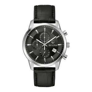Bulova Sutton Mens Chronograph Stainless Steel Black Dial Black Leather Strap Watch