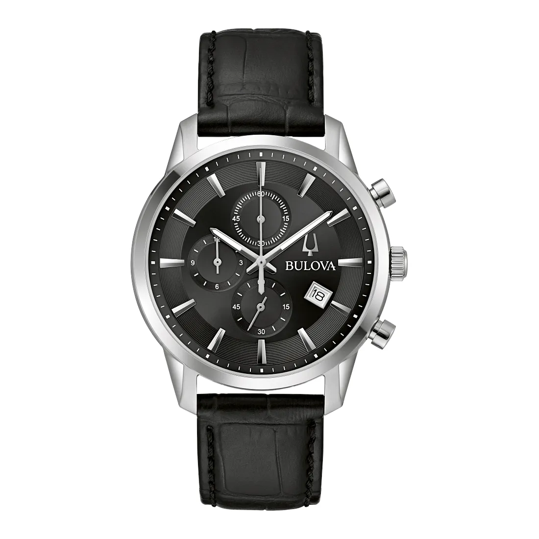 Bulova Sutton Mens Chronograph Stainless Steel Black Dial Black Leather Strap Watch