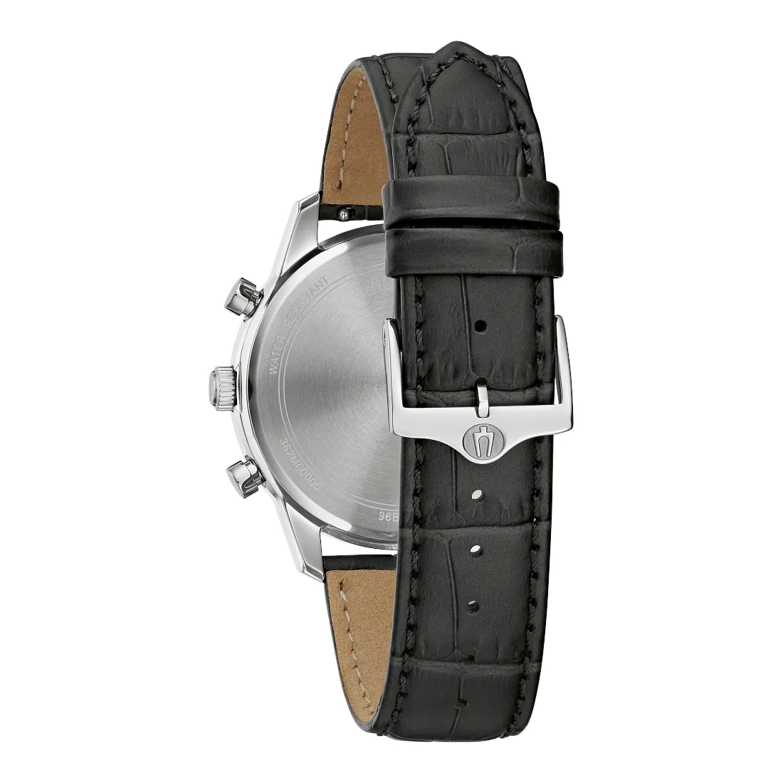 Bulova Sutton Mens Chronograph Stainless Steel Black Dial Black Leather Strap Watch