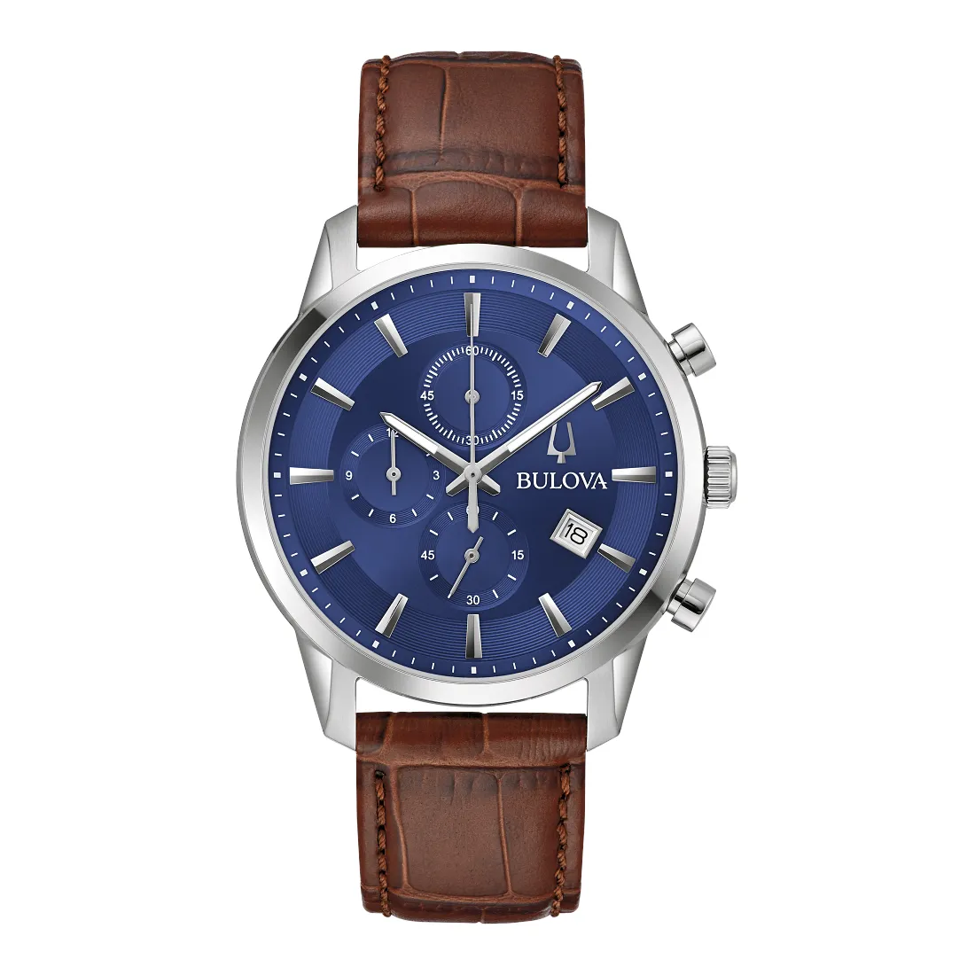 Bulova Sutton Mens Chronograph Stainless Steel Blue Dial Brown Leather Strap Watch
