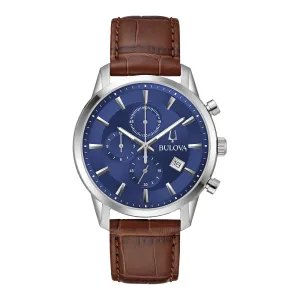 Bulova Sutton Mens Chronograph Stainless Steel Blue Dial Brown Leather Strap Watch