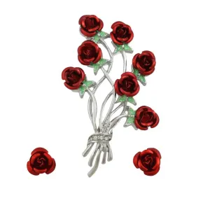 Bunch of Red Roses Brooch Pin and Rose Stud Earring Gift Set - PRL415BS
