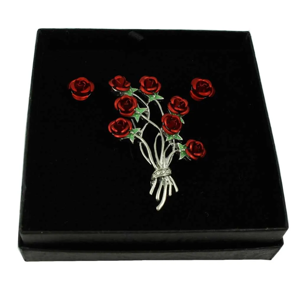 Bunch of Red Roses Brooch Pin and Rose Stud Earring Gift Set - PRL415BS