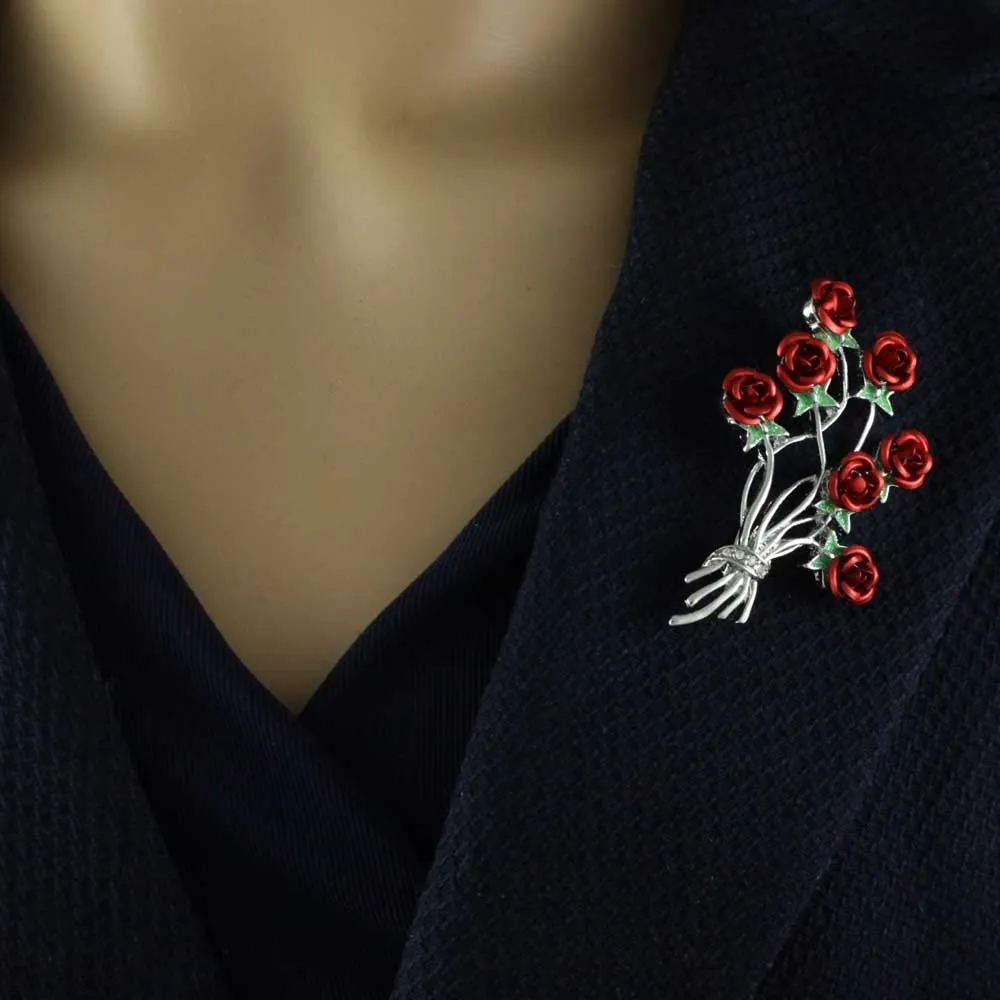 Bunch of Red Roses Brooch Pin and Rose Stud Earring Gift Set - PRL415BS