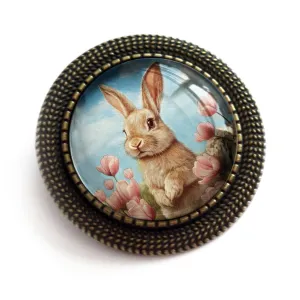 Bunny in Pink Tulips Brooch, Handmade in Detroit