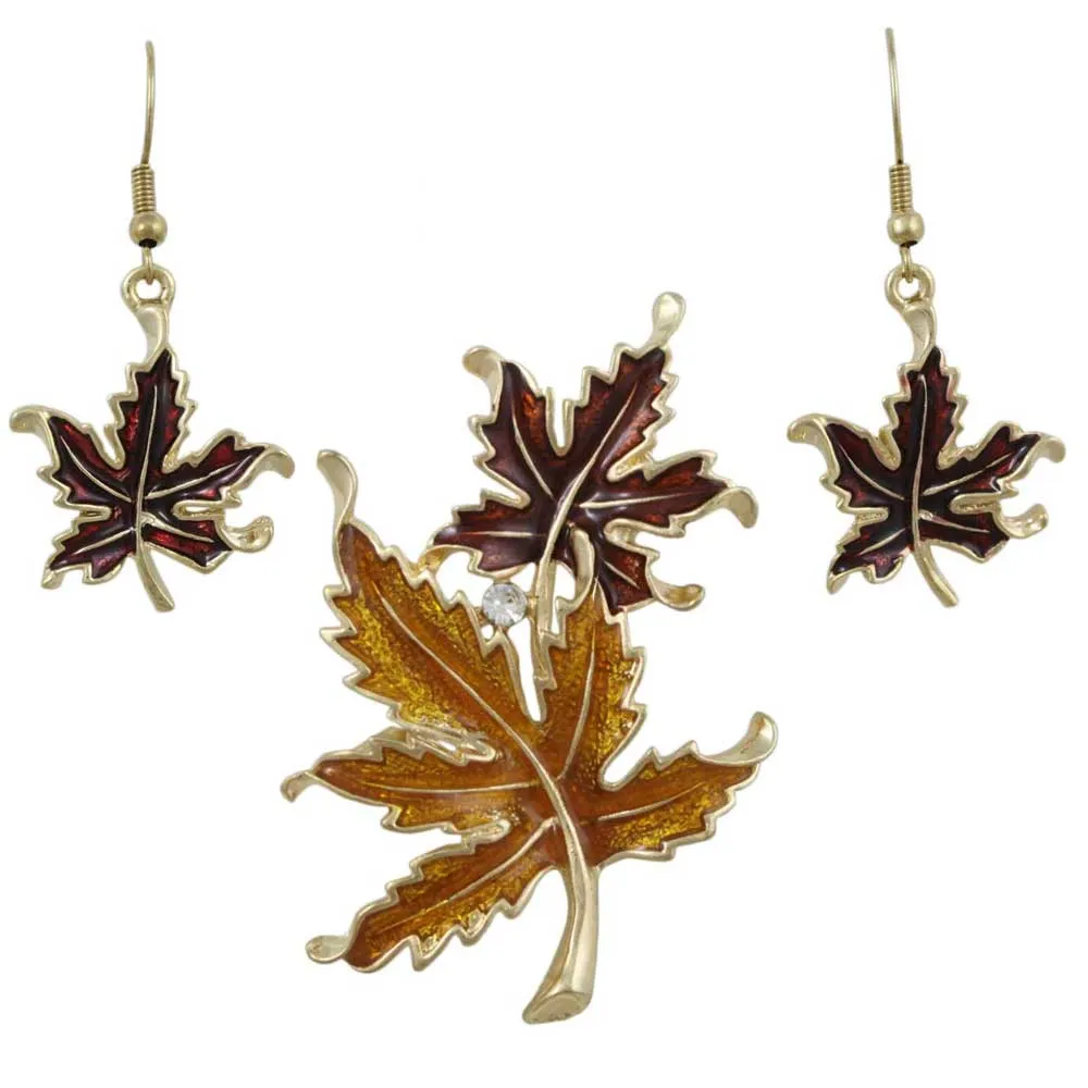 Burgundy and Gold Maple Leaves Pin and Earring Set - PRL341BSB