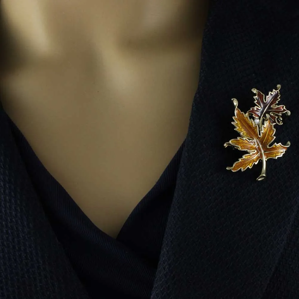 Burgundy and Gold Maple Leaves Pin and Earring Set - PRL341BSB