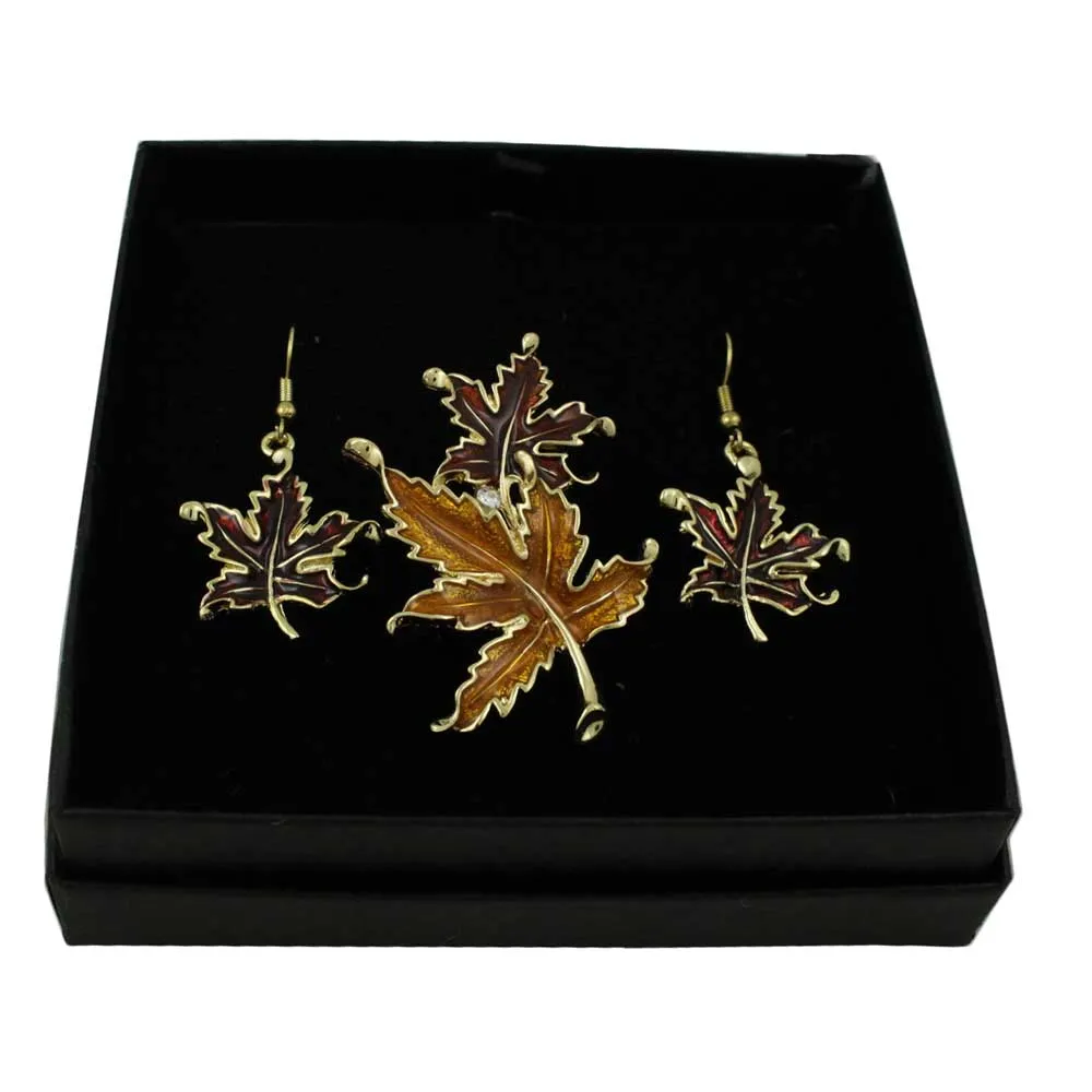 Burgundy and Gold Maple Leaves Pin and Earring Set - PRL341BSB