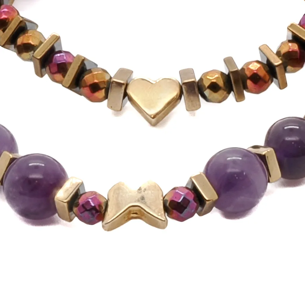 Butterfly & Heart Gold Charm Amethyst Beaded Bracelet Set