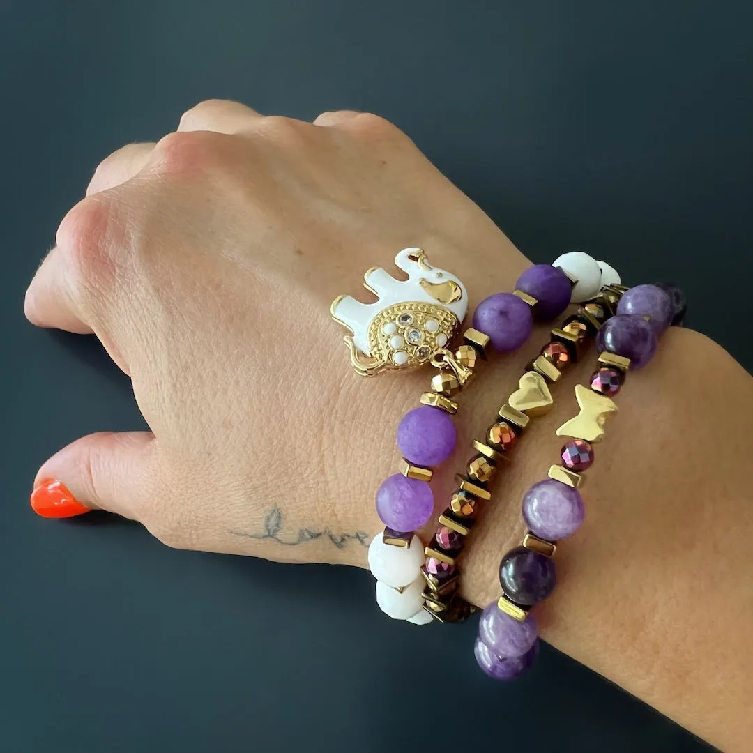 Butterfly & Heart Gold Charm Amethyst Beaded Bracelet Set