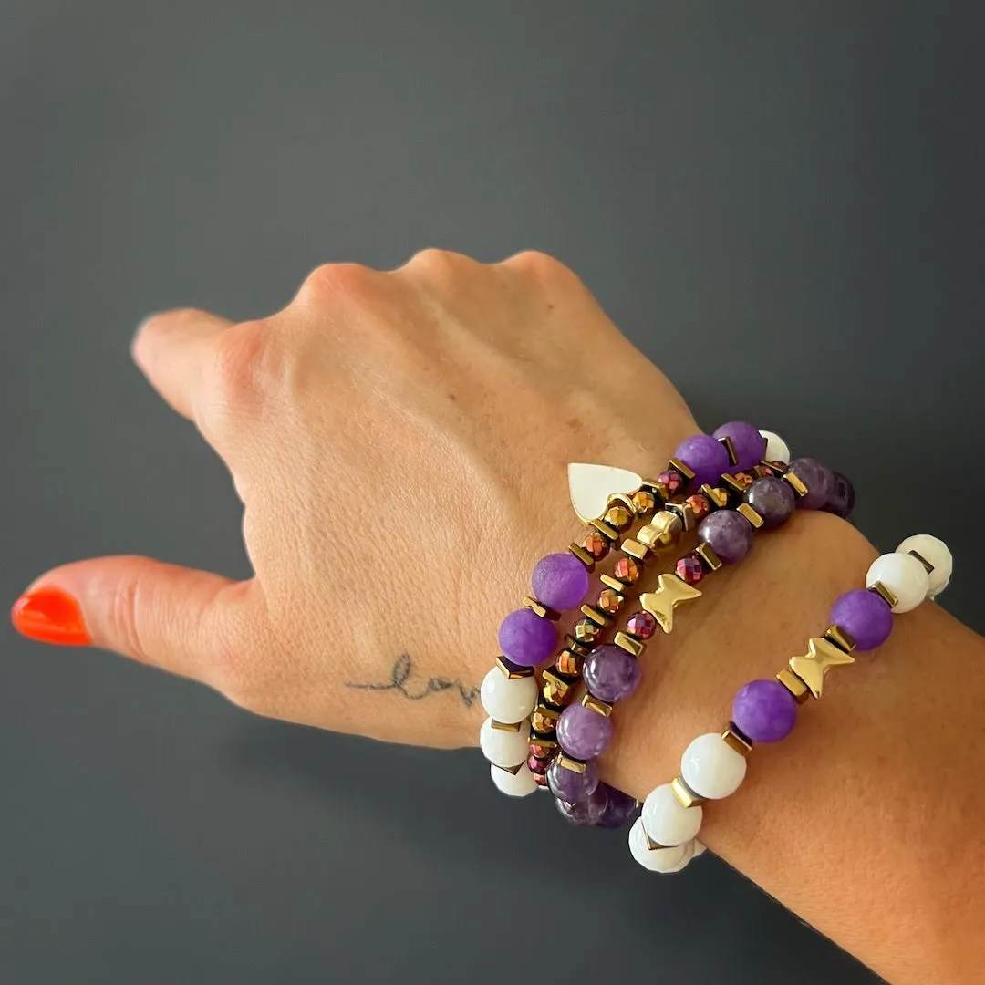 Butterfly & Heart Gold Charm Amethyst Beaded Bracelet Set