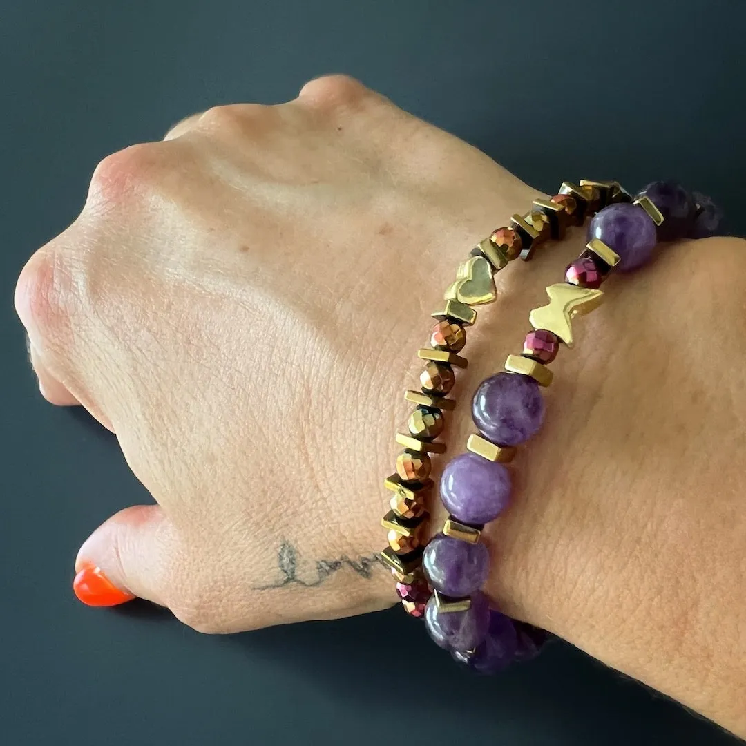 Butterfly & Heart Gold Charm Amethyst Beaded Bracelet Set