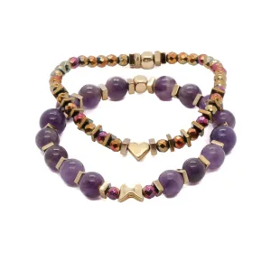 Butterfly & Heart Gold Charm Amethyst Beaded Bracelet Set