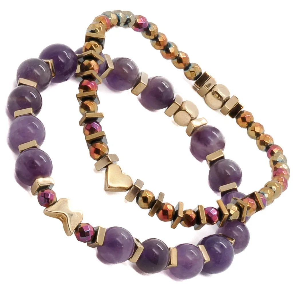 Butterfly & Heart Gold Charm Amethyst Beaded Bracelet Set