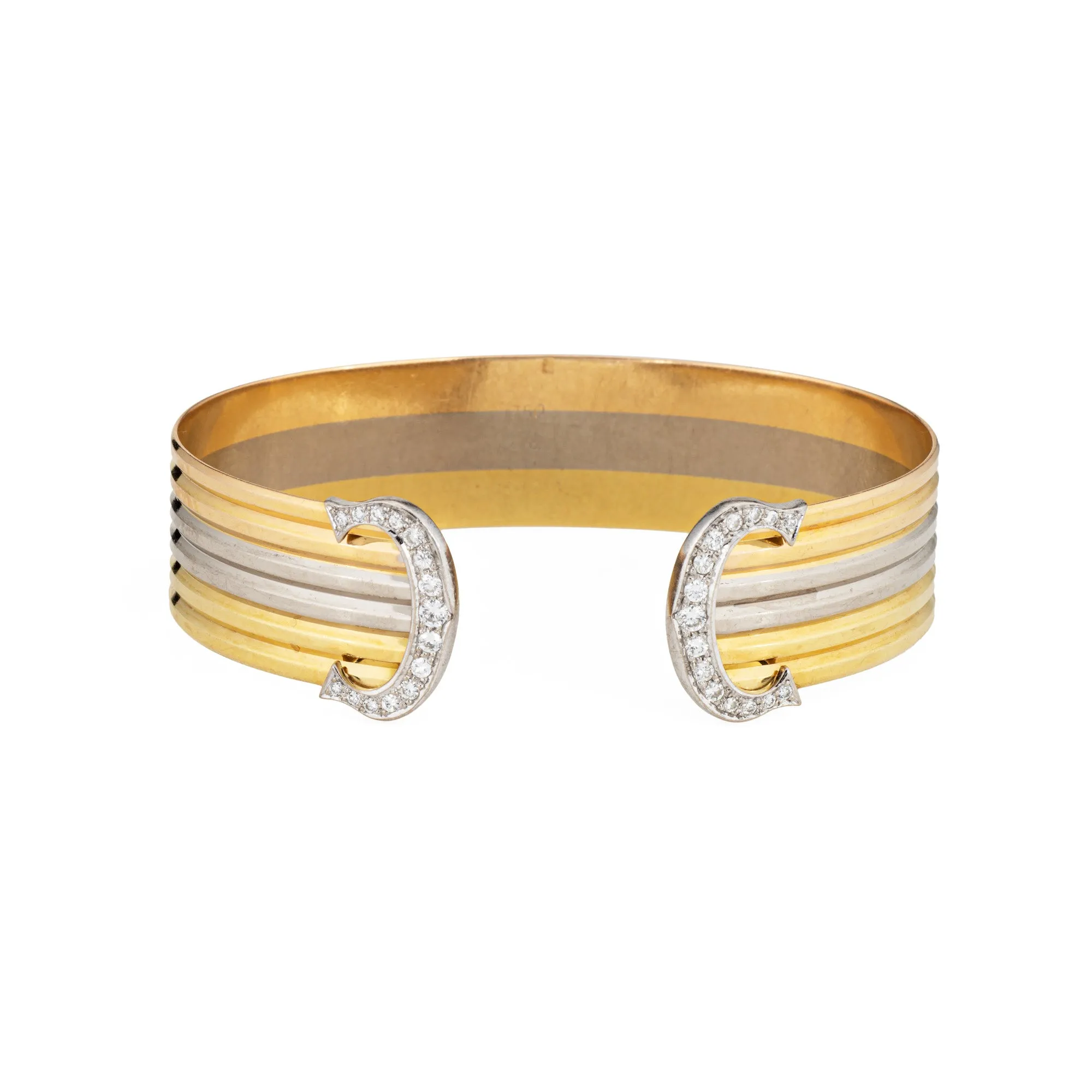 c1980s Cartier Double C Diamond Bracelet 18k Tri Gold Cuff Vintage Fine Jewelry