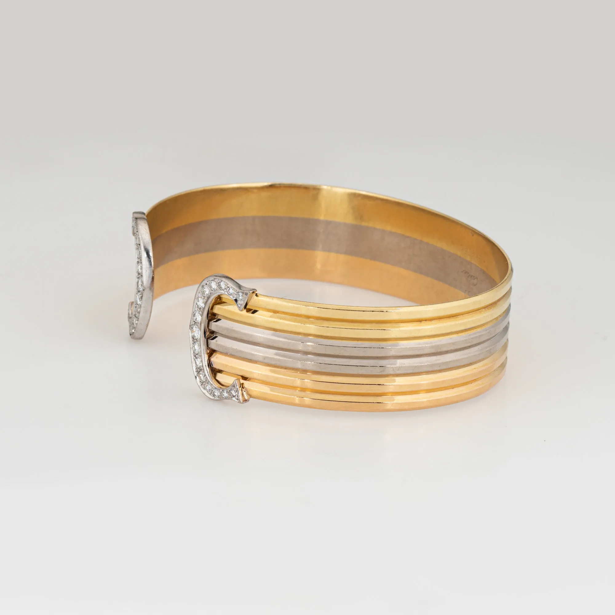 c1980s Cartier Double C Diamond Bracelet 18k Tri Gold Cuff Vintage Fine Jewelry