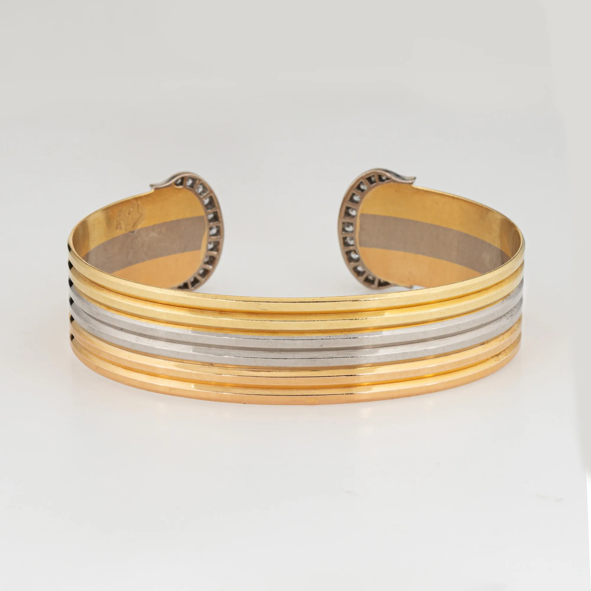 c1980s Cartier Double C Diamond Bracelet 18k Tri Gold Cuff Vintage Fine Jewelry