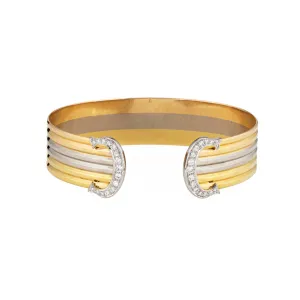 c1980s Cartier Double C Diamond Bracelet 18k Tri Gold Cuff Vintage Fine Jewelry