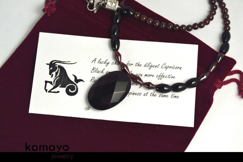 CAPRICORN JEWELRY SET - Princess Necklace and Bracelet with Black Onyx Pendants and Red Garnet Beads