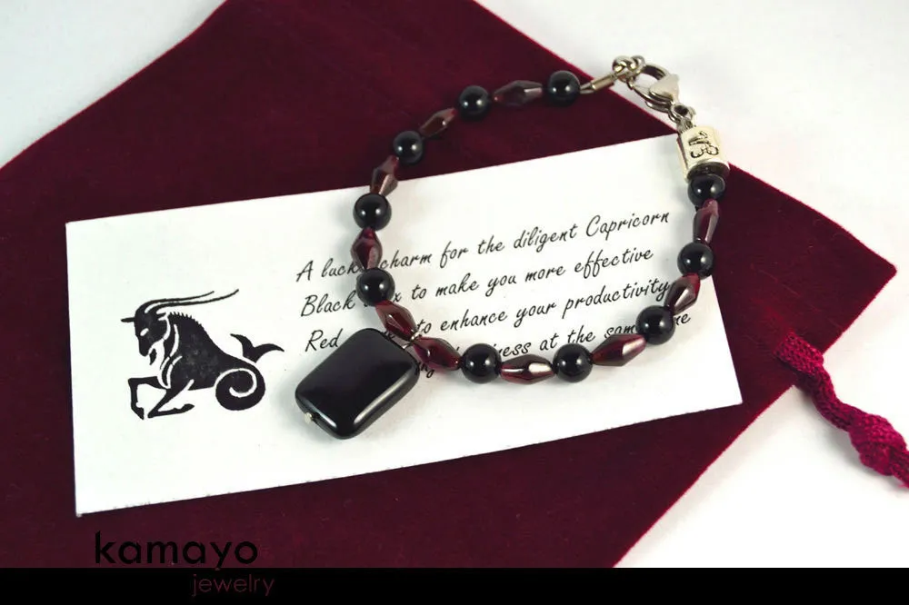 CAPRICORN JEWELRY SET - Princess Necklace and Bracelet with Black Onyx Pendants and Red Garnet Beads