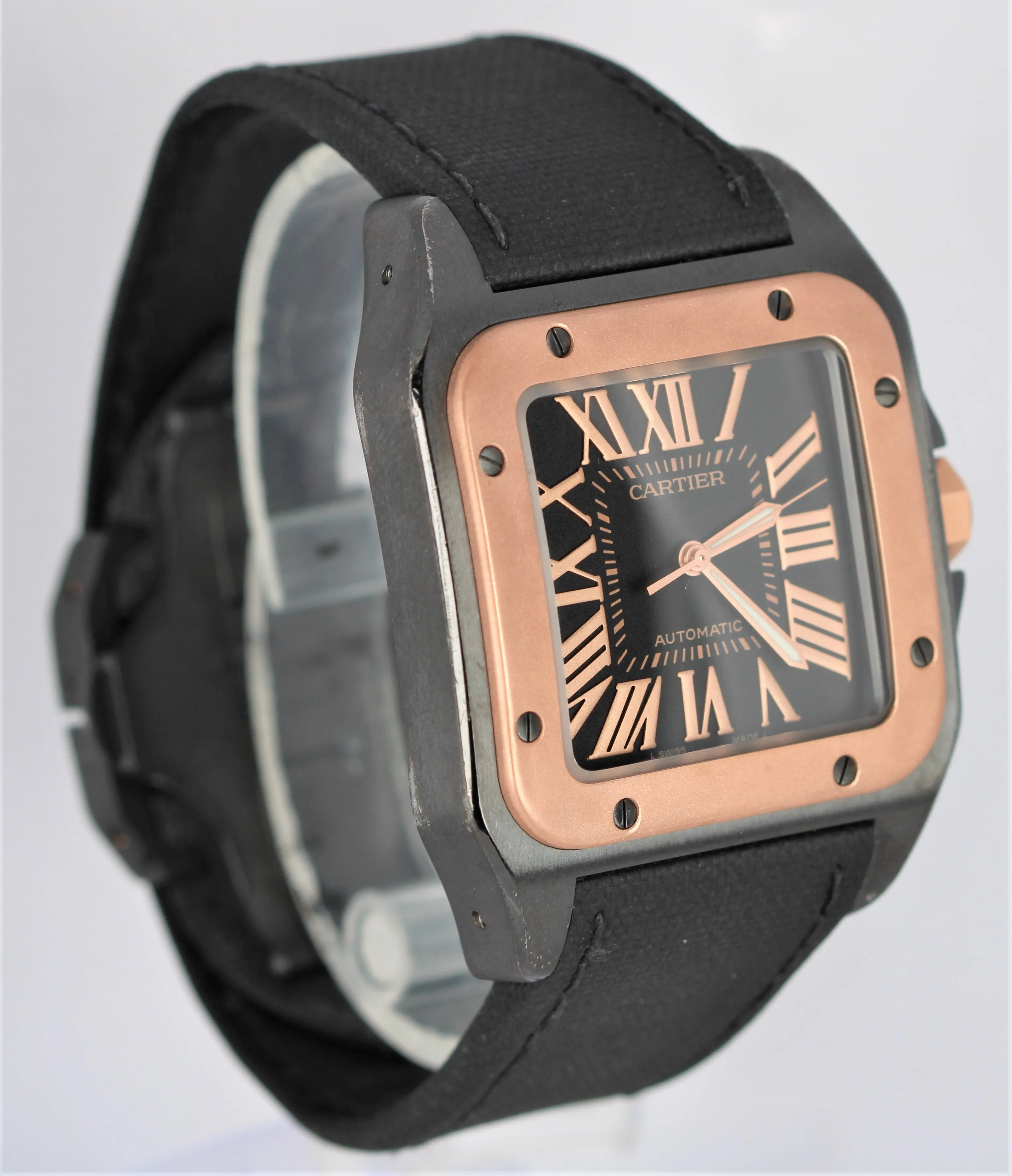 Cartier Santos 100 18k Rose Gold Black 51x42mm Black Leather W2020009 2656 Watch