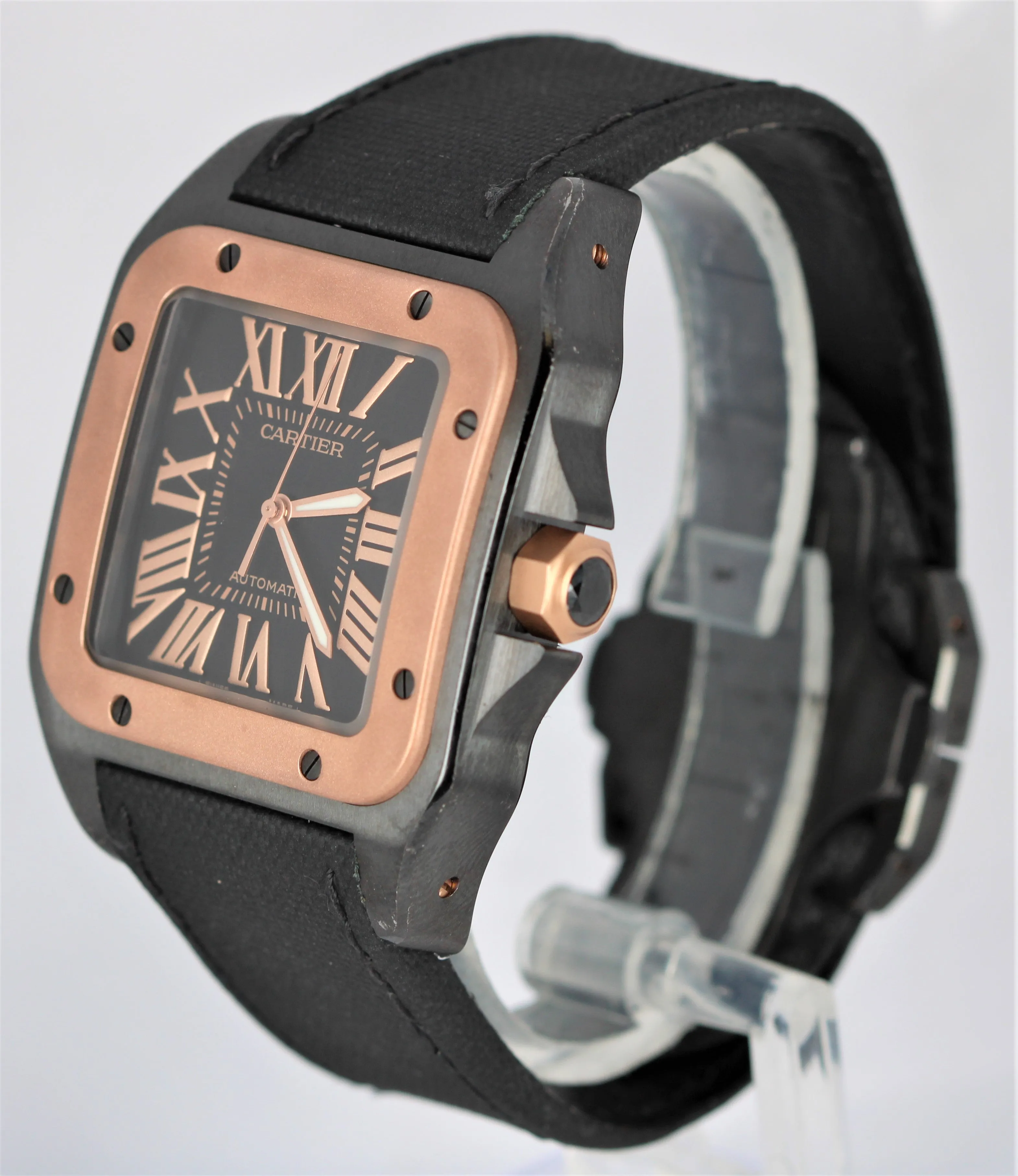 Cartier Santos 100 18k Rose Gold Black 51x42mm Black Leather W2020009 2656 Watch