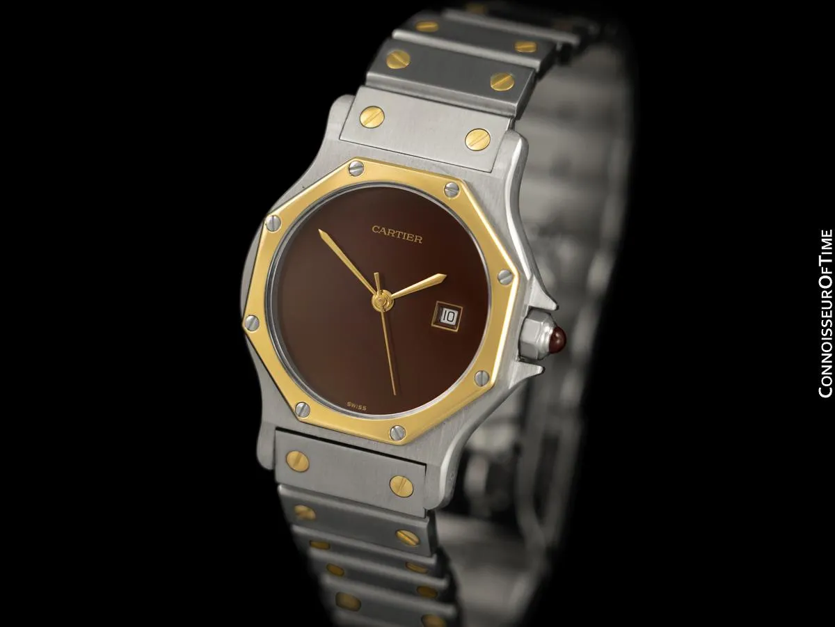 Cartier Santos Octagon Mens Unisex Watch with Ruby Crown - Stainless Steel & 18K Gold