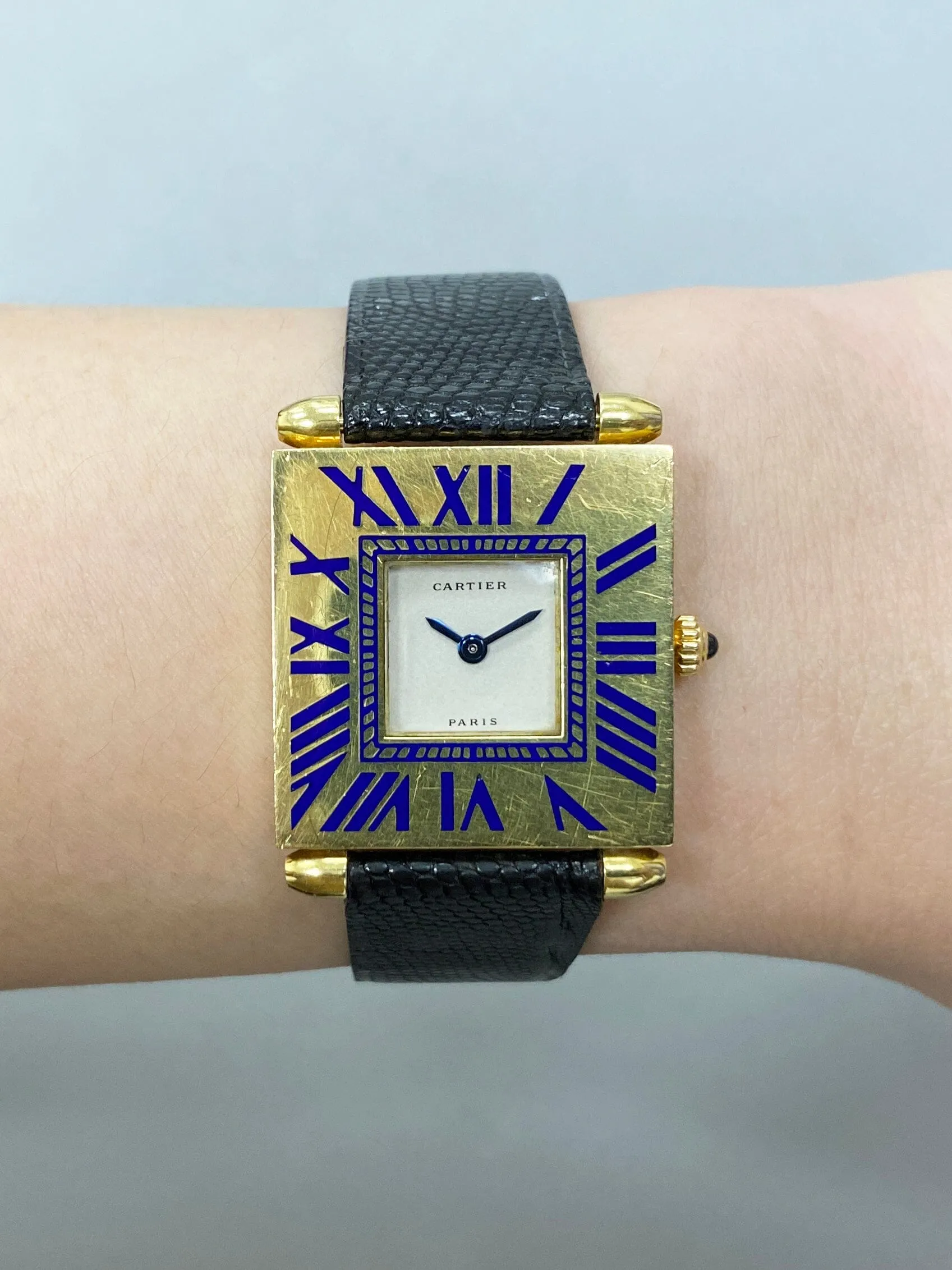 Cartier Tank Carré Obus W852 Blue Enamel 18K Yellow Gold Ladies Watch