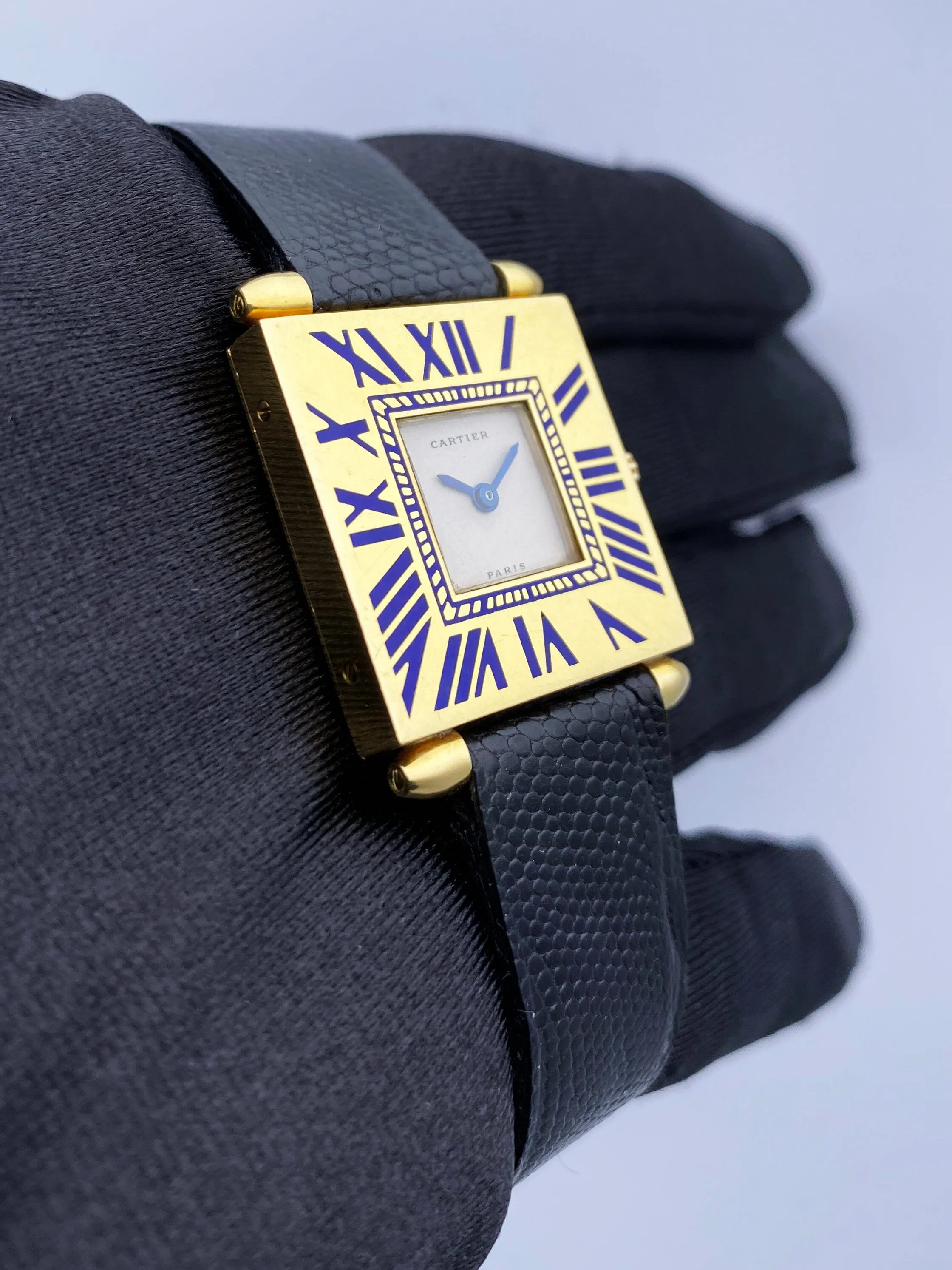 Cartier Tank Carré Obus W852 Blue Enamel 18K Yellow Gold Ladies Watch