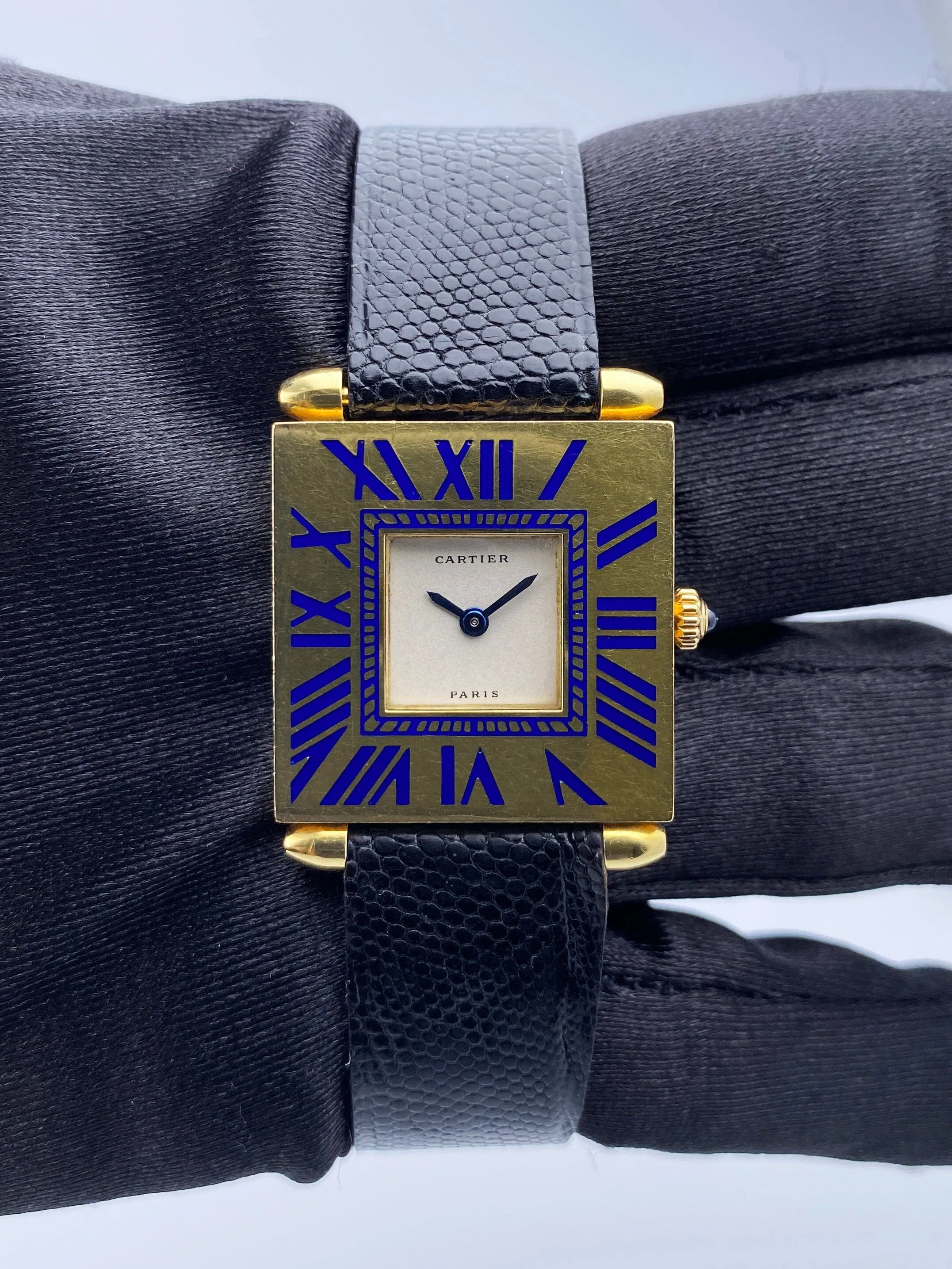 Cartier Tank Carré Obus W852 Blue Enamel 18K Yellow Gold Ladies Watch