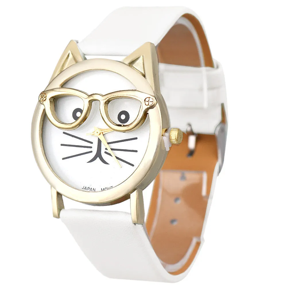 CAT With Glasses Analog Quartz Dial Wrist Watch For Women