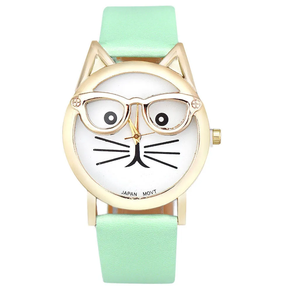 CAT With Glasses Analog Quartz Dial Wrist Watch For Women