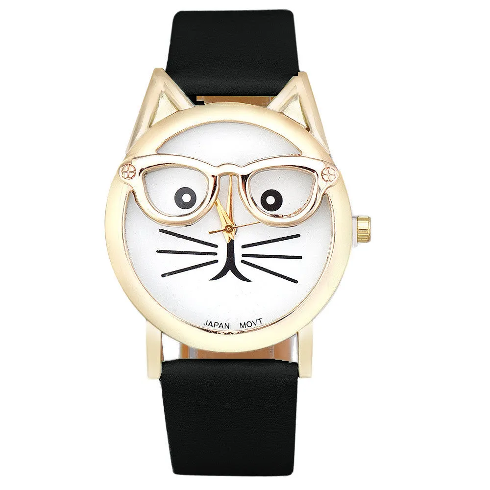 CAT With Glasses Analog Quartz Dial Wrist Watch For Women