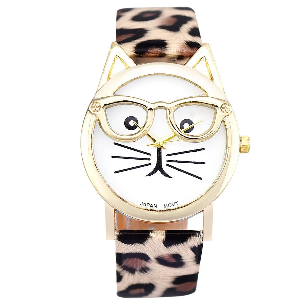 CAT With Glasses Analog Quartz Dial Wrist Watch For Women