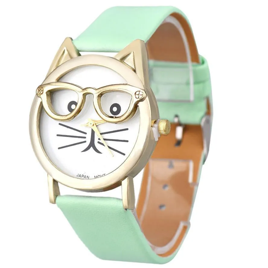 CAT With Glasses Analog Quartz Dial Wrist Watch For Women