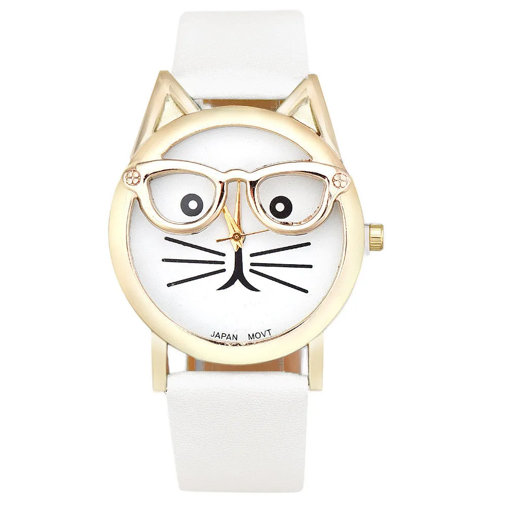 CAT With Glasses Analog Quartz Dial Wrist Watch For Women
