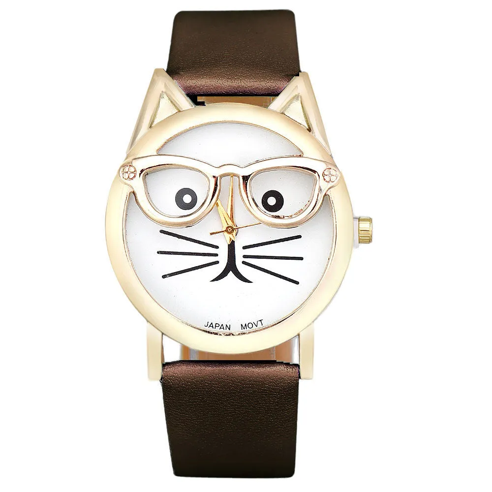 CAT With Glasses Analog Quartz Dial Wrist Watch For Women