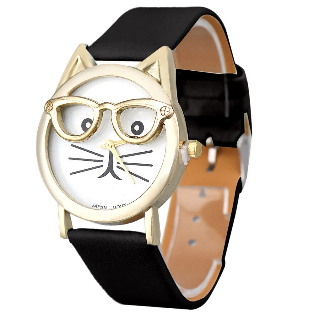 CAT With Glasses Analog Quartz Dial Wrist Watch For Women