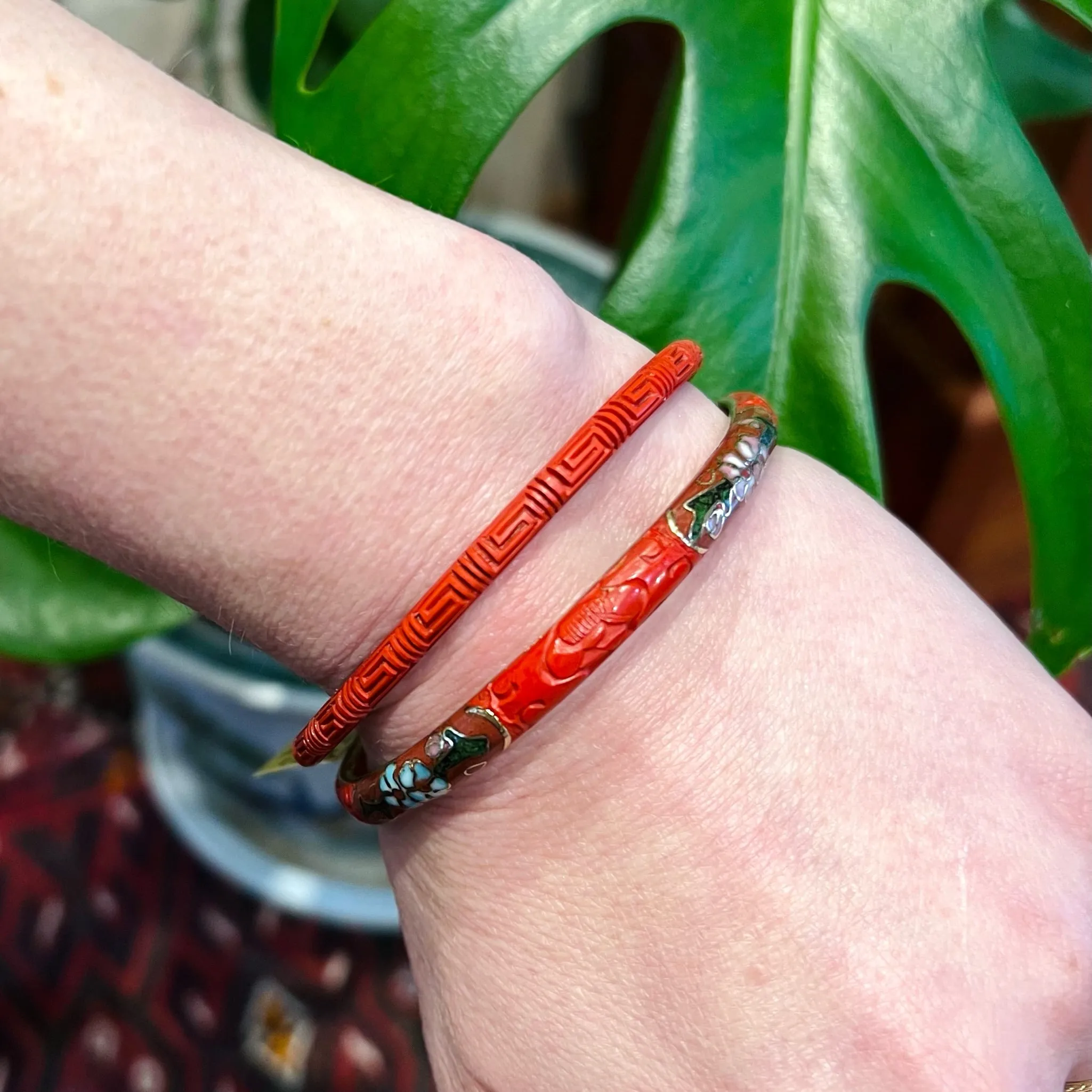 Cinnabar Bangle with Cloisonné Flowers