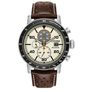 Citizen Brycen Mens Eco Drive Stainless Steel Brown Leather Strap Watch