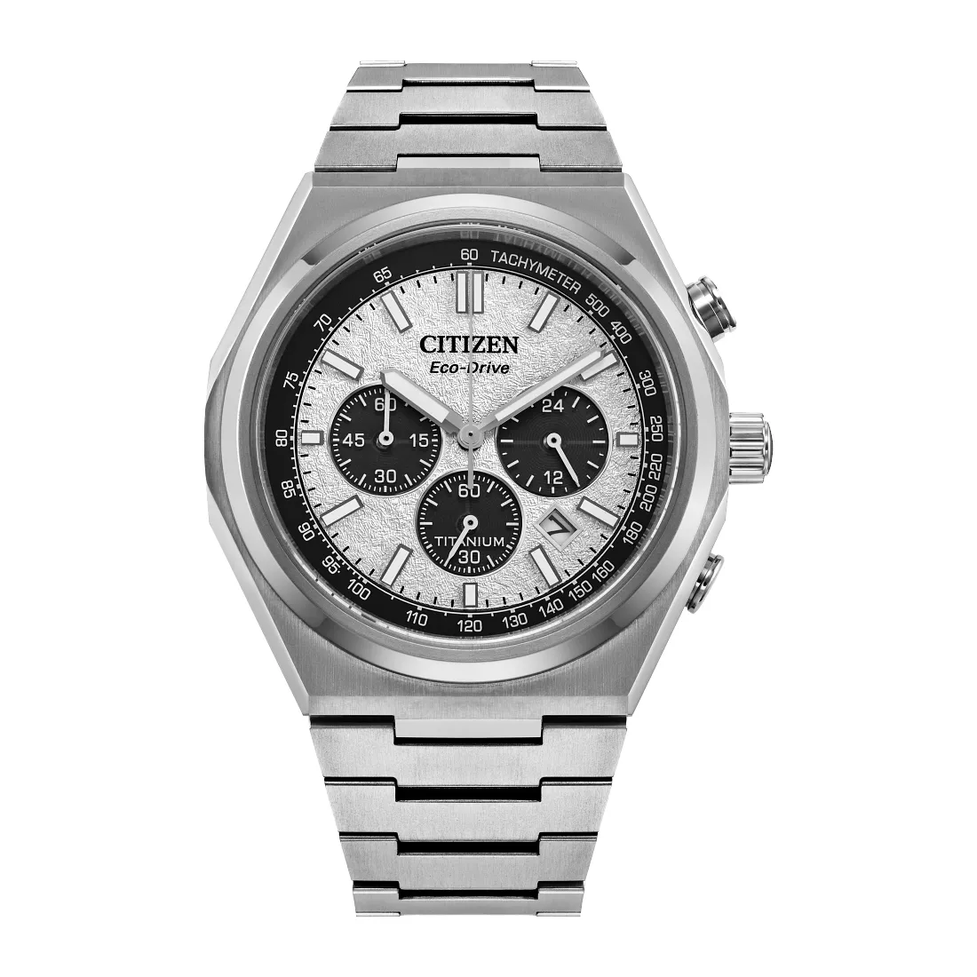 Citizen Zenshin Mens Eco Drive Chronograph Super Titanium Silver Tone Dial Watch