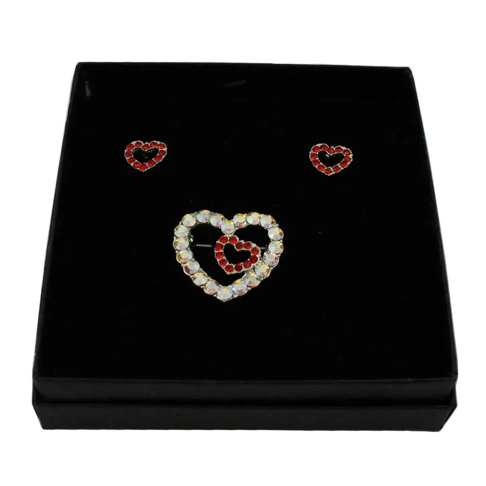 Crystal AB Heart Brooch Pin with Red Heart Stud Earring Set - PRH833PE
