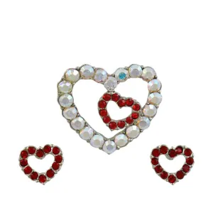 Crystal AB Heart Brooch Pin with Red Heart Stud Earring Set - PRH833PE