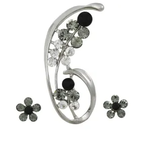 Crystal Flower Brooch Pin and Black Daisy Earring Set - PRL903BS